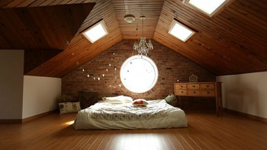 Cozy attic bedroom with skylights.